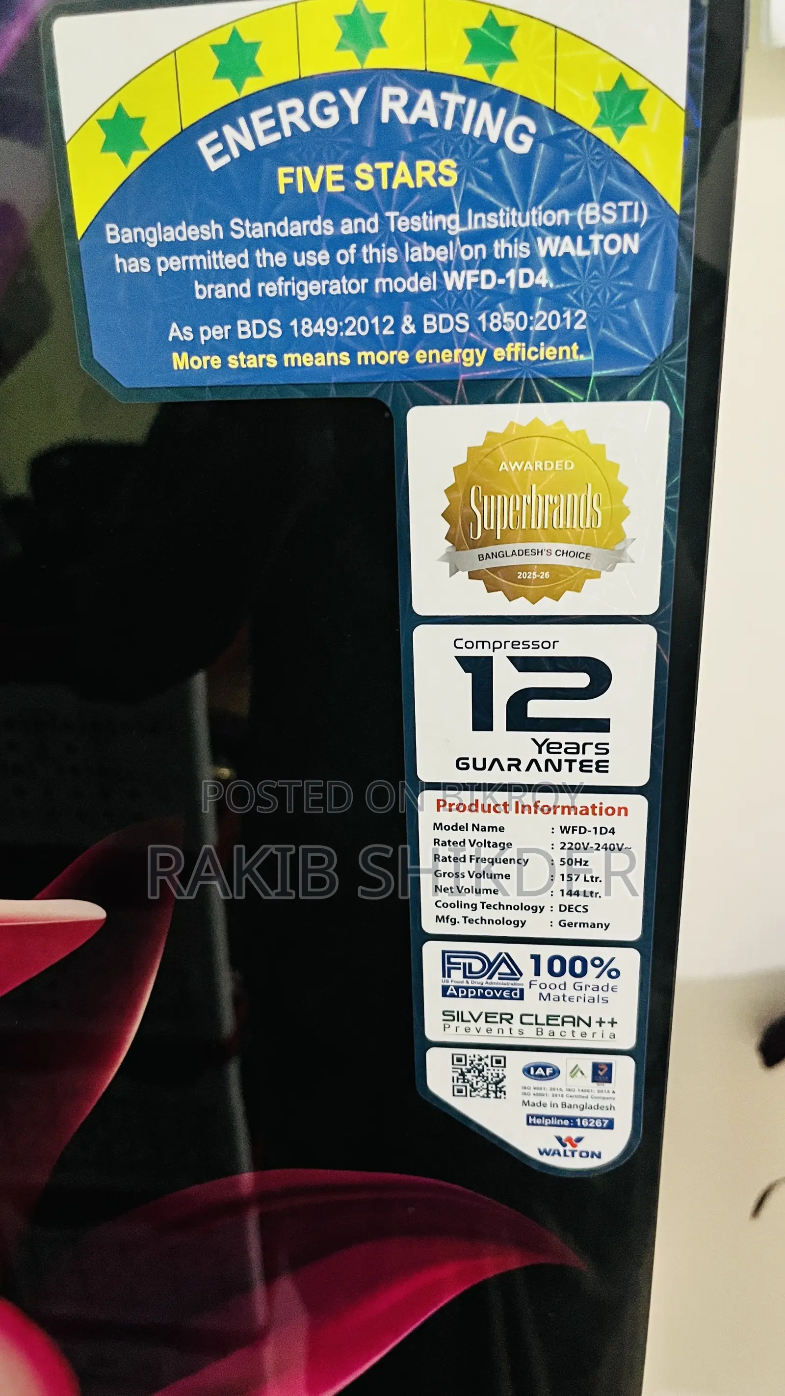 Brand New Walton 157 LTR Fridge/Freezer for Sale–Model WFD-1D4-GDEL-XX