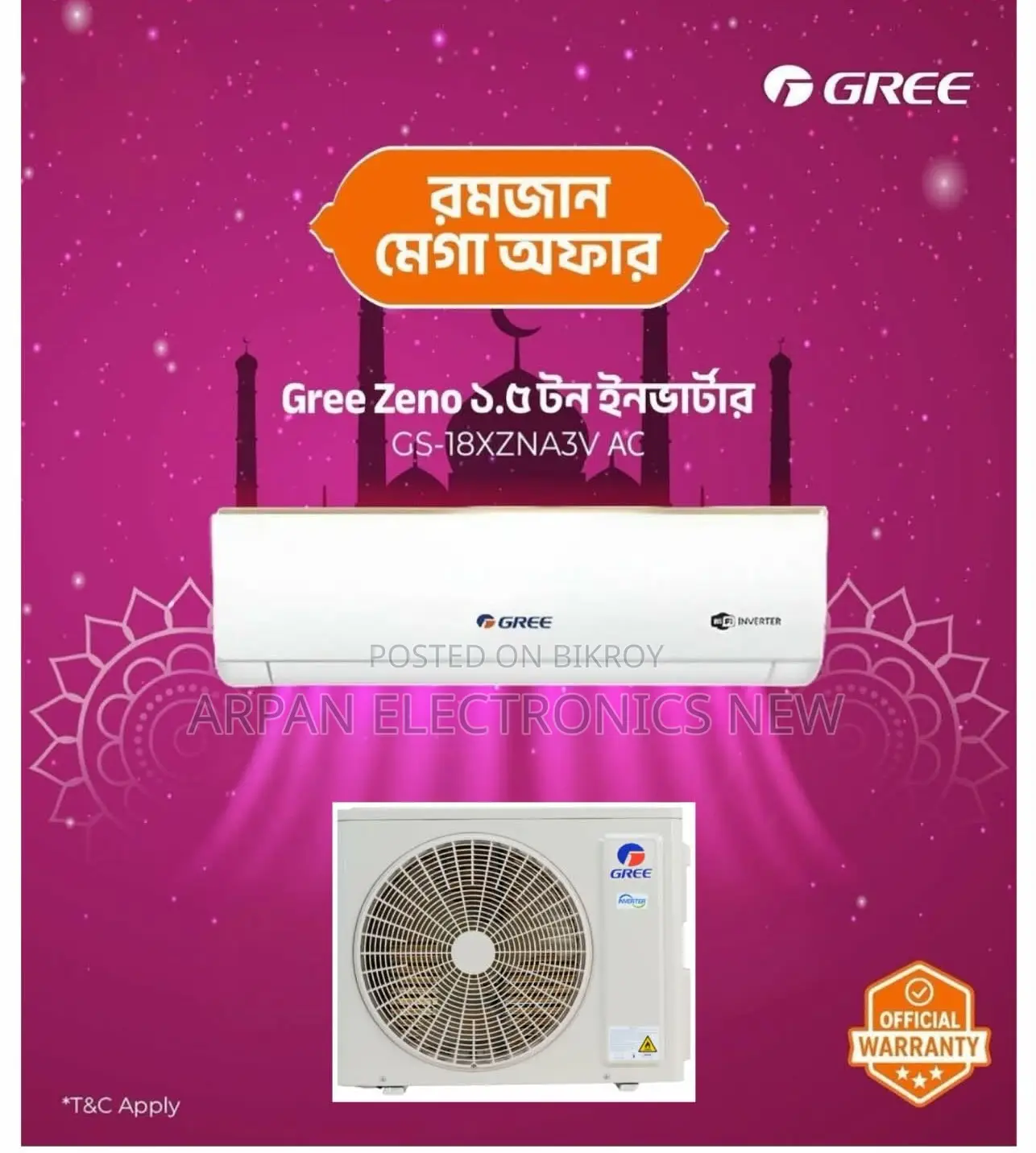 Gree Split Type Air Conditioner (1.5 Ton Inverter) LED Display