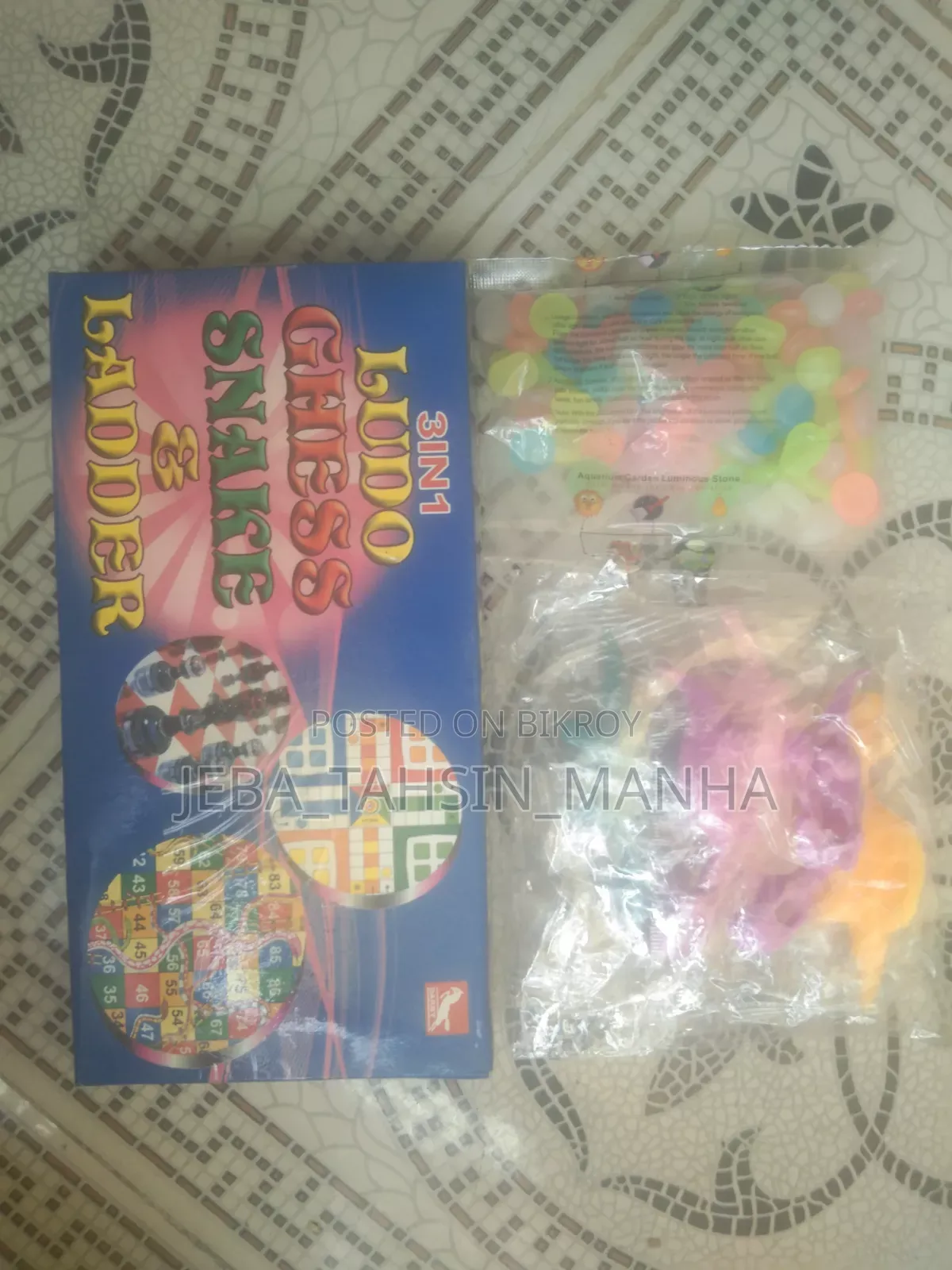 Ludo-Chess-Snake & Ladder + 5 Dinosaur Toys + 100 Glow Pebbles |