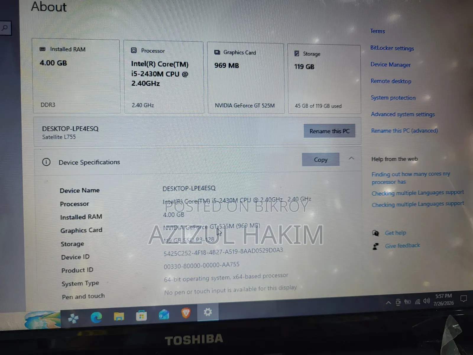 Laptop Toshiba Satellite L755 4GB Intel Core I5 SSD 128GB