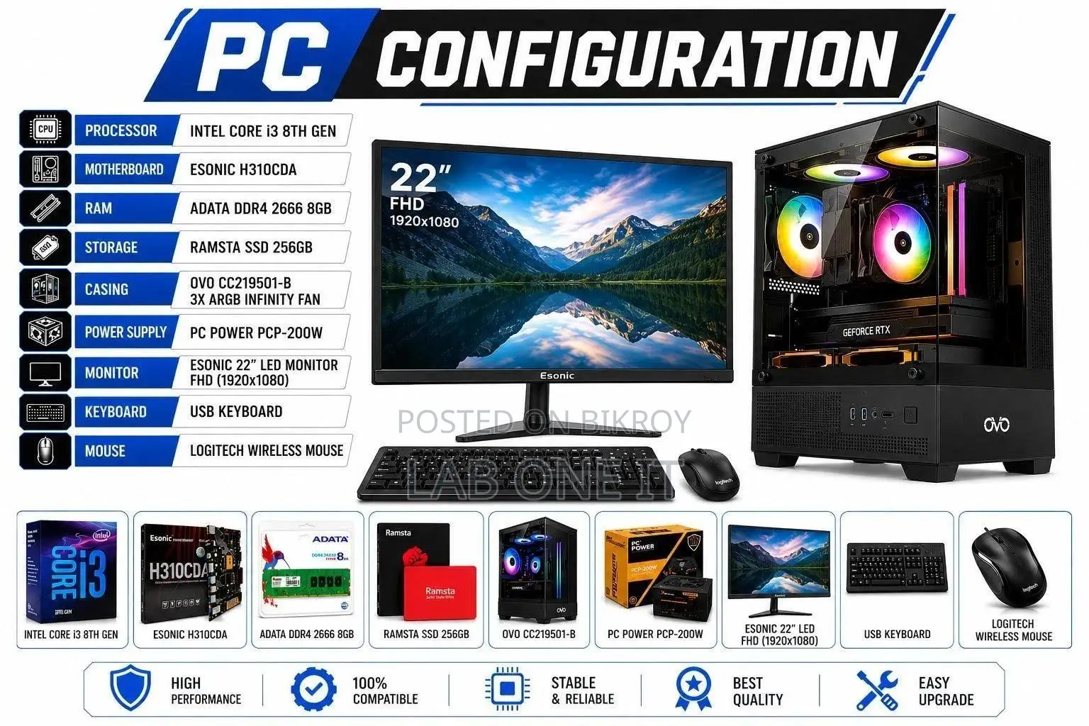 New Desktop Computer 8GB Intel Core I3 SSD 256GB