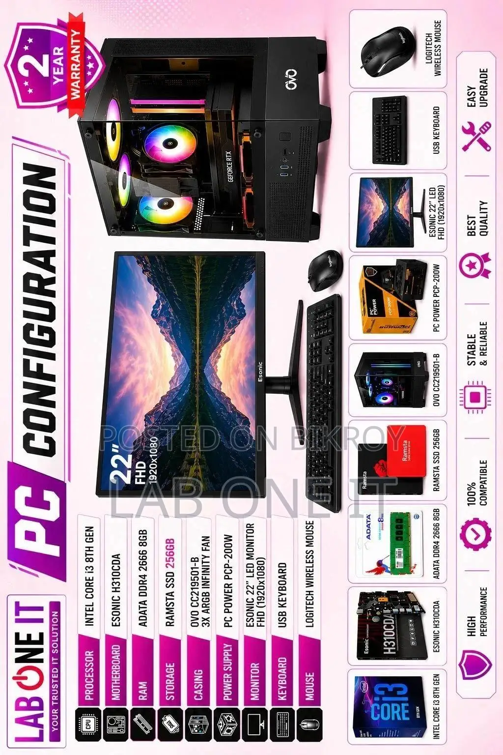 New Desktop Computer 8GB Intel Core I3 SSD 256GB