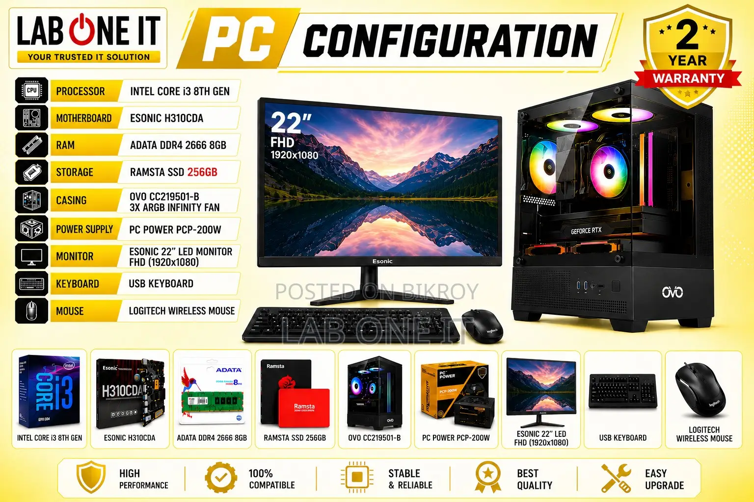 New Desktop Computer 8GB Intel Core I3 SSD 256GB