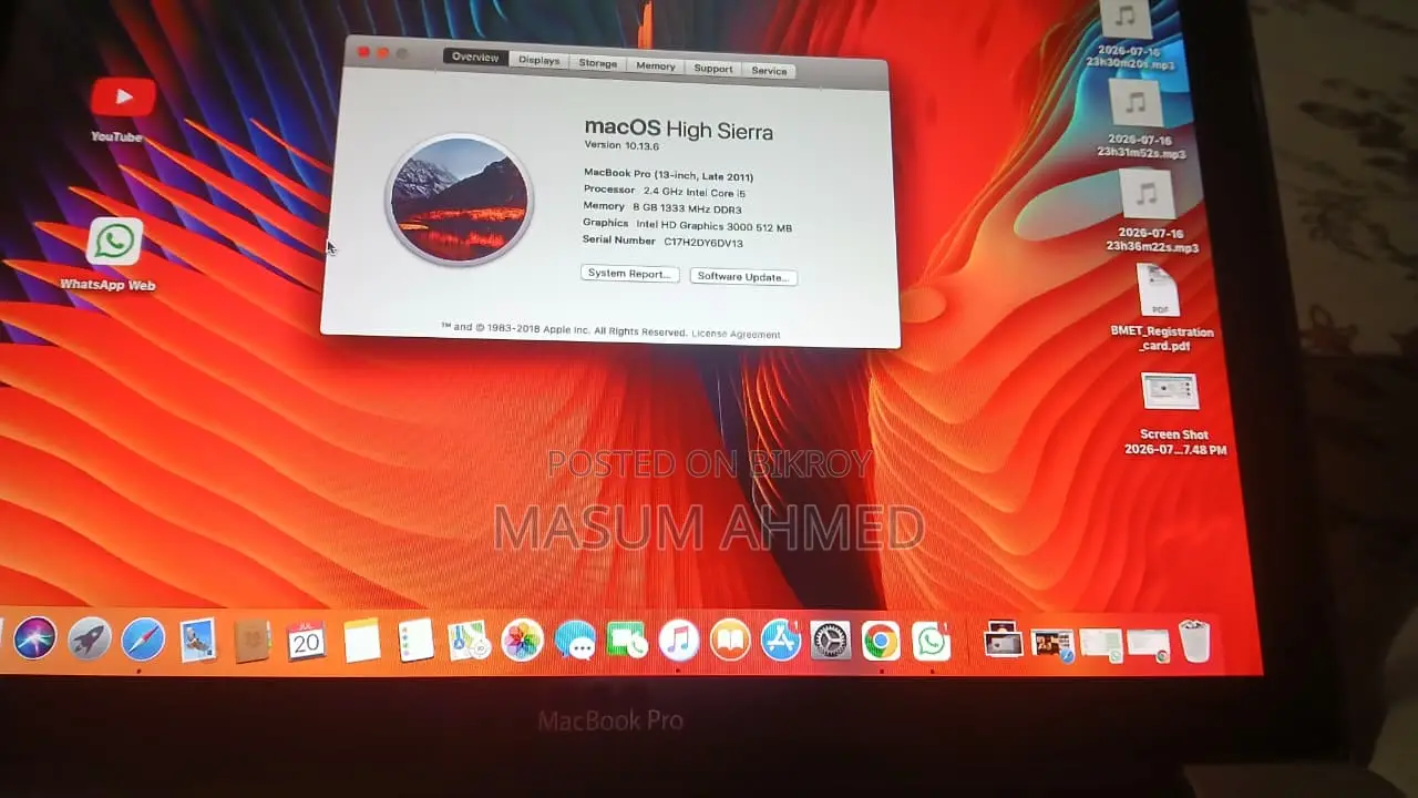 Laptop Apple MacBook Pro 2011 8GB Intel Core I5 SSD 128GB