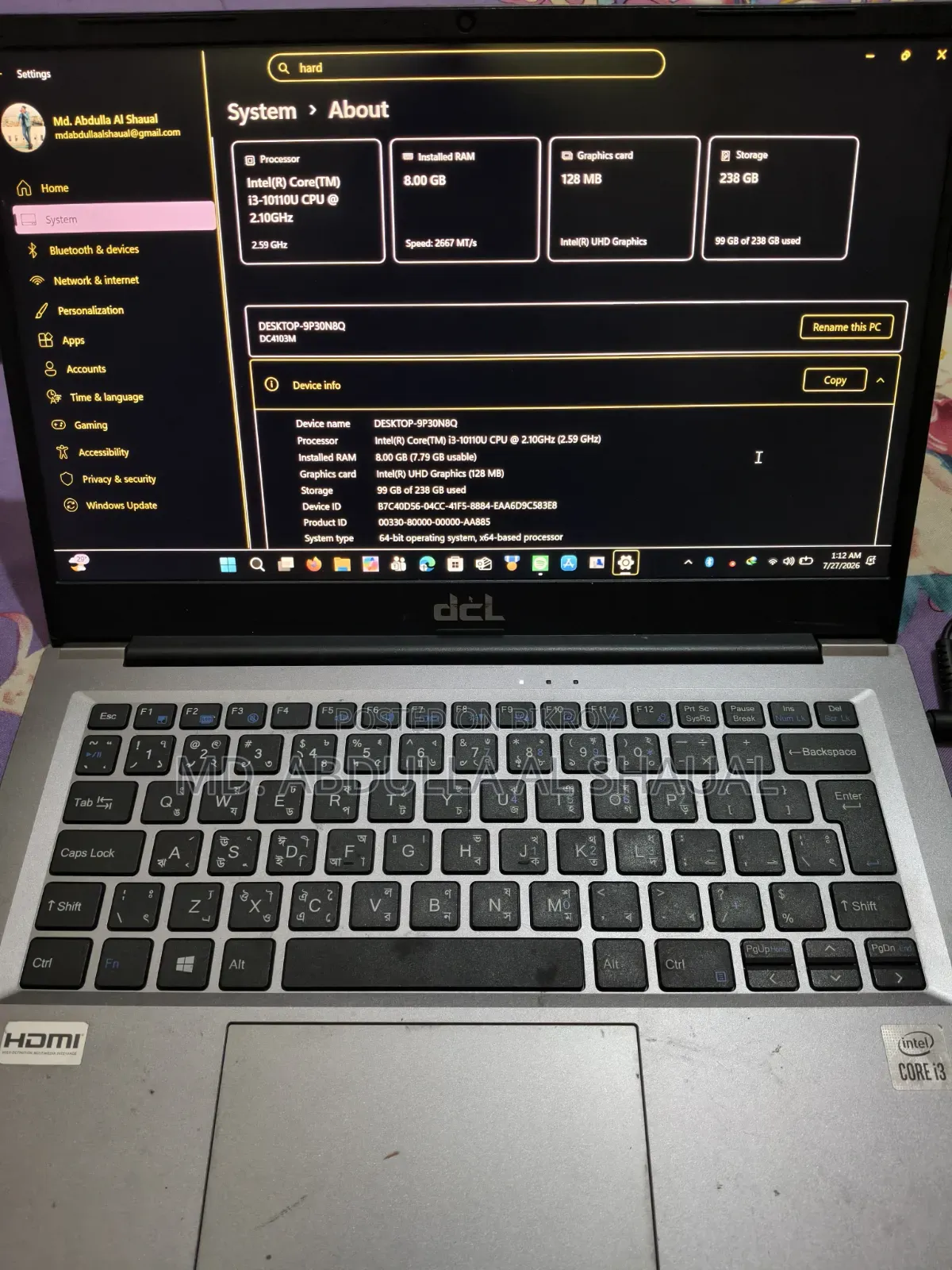 Laptop 8GB Intel Core I3 SSD 256GB