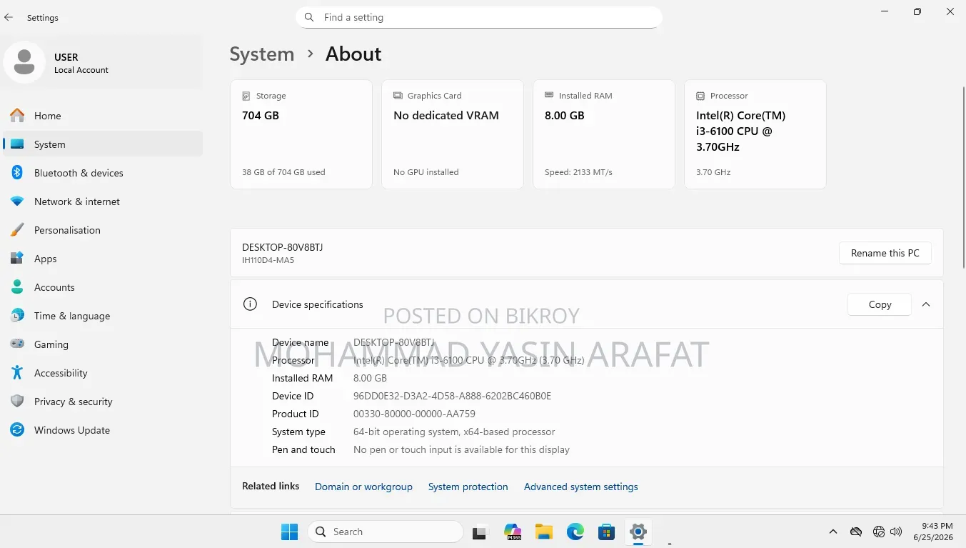 Desktop Computer 8GB Intel Core i3 SSHD+SSD 750GB