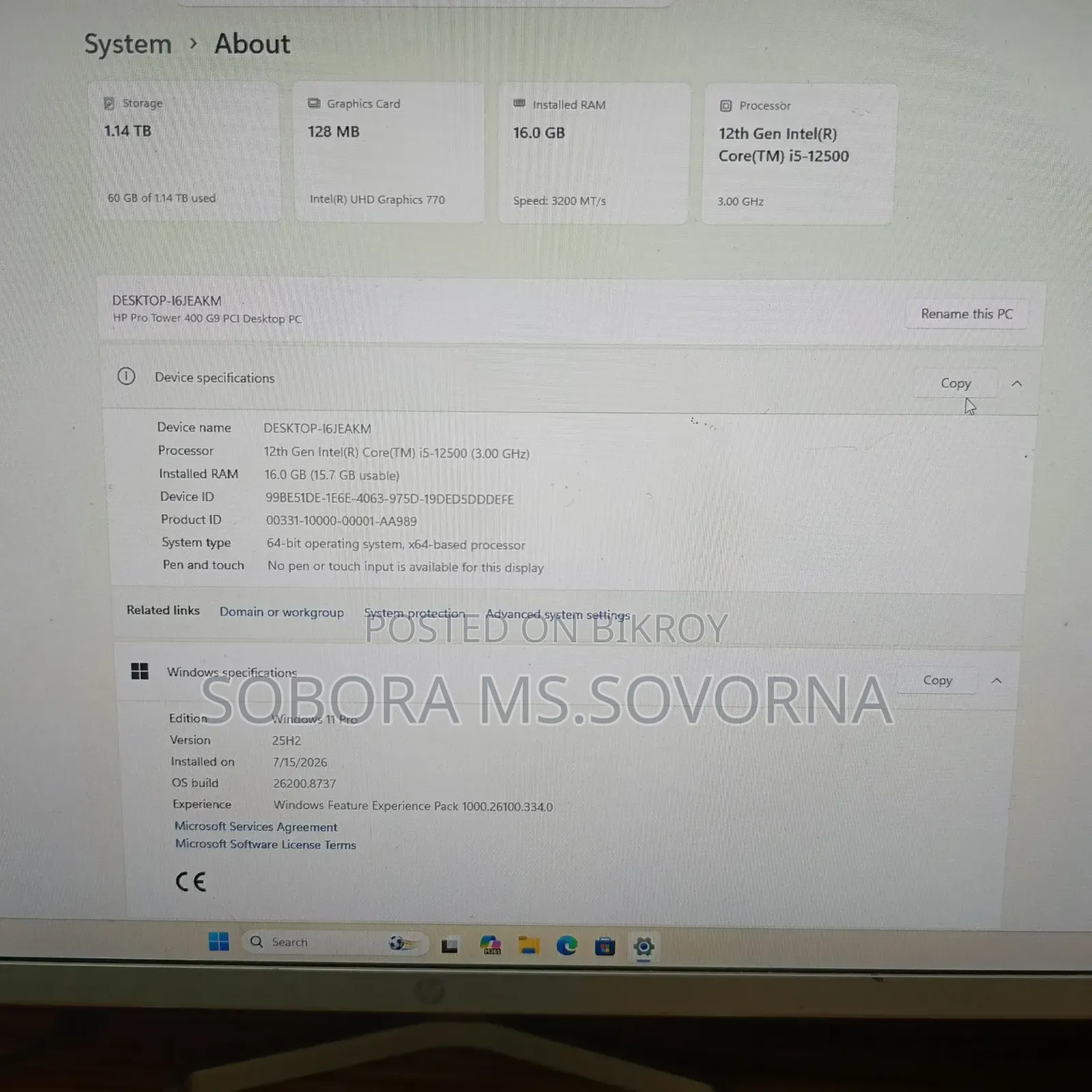 Desktop Computer HP Pro 400 G9 16GB Intel Core i5 HDD+SSD 1T