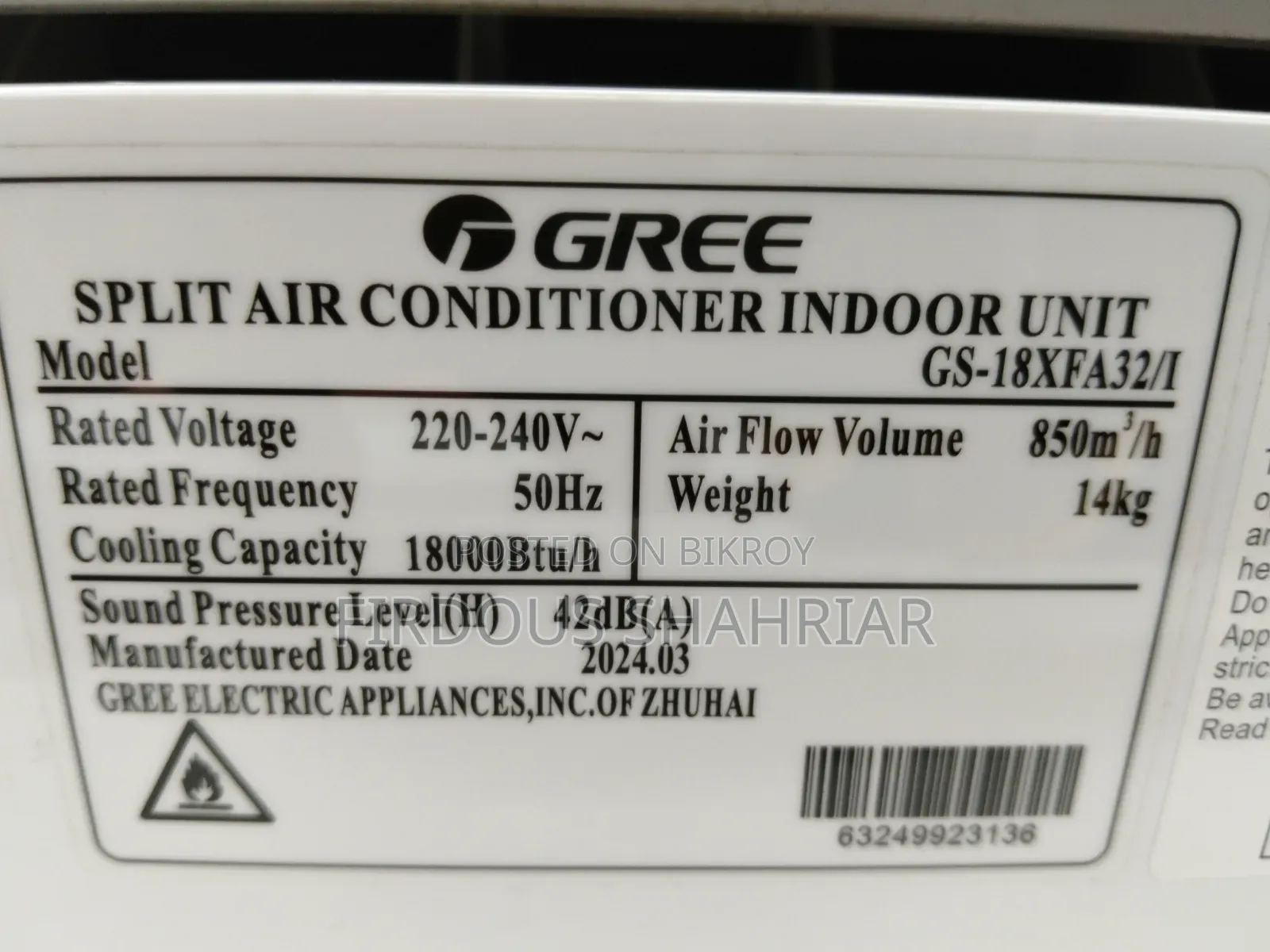 Gree AC 1.5 Ton Indoor (Non Inverter)Unit Only