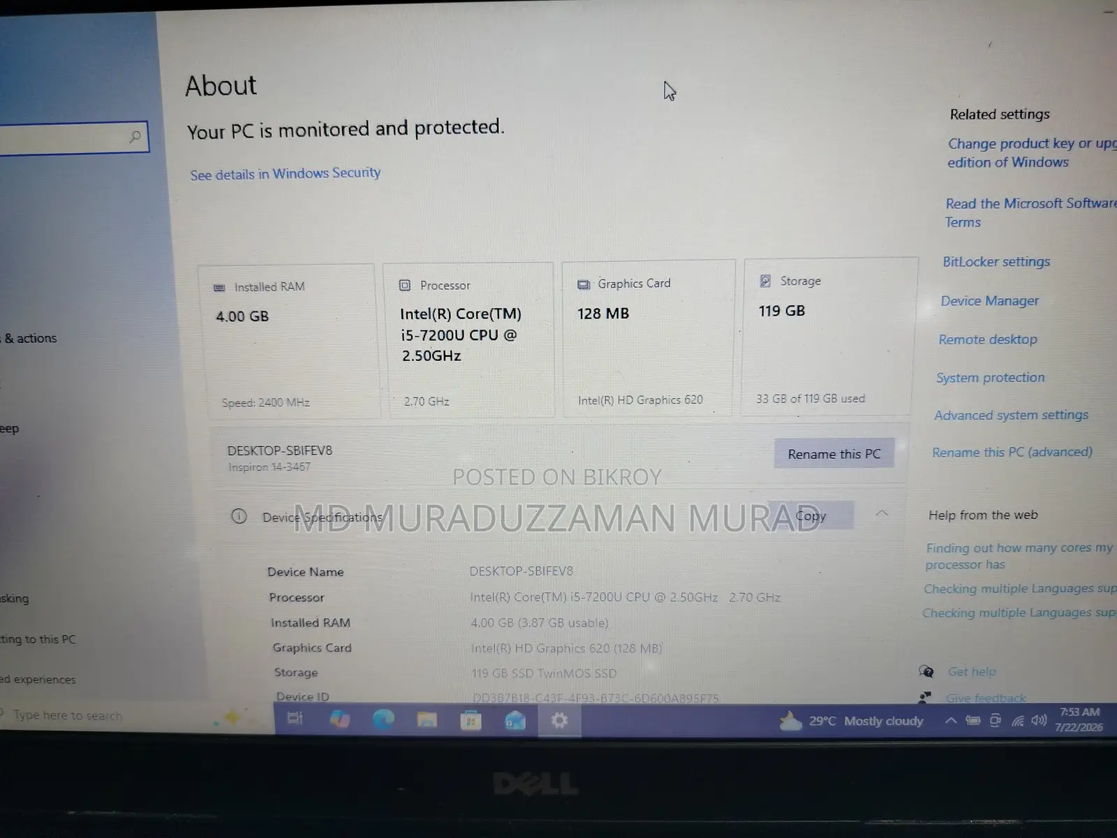 Laptop Dell Inspiron 15 4GB Intel Core I5 SSD 128GB