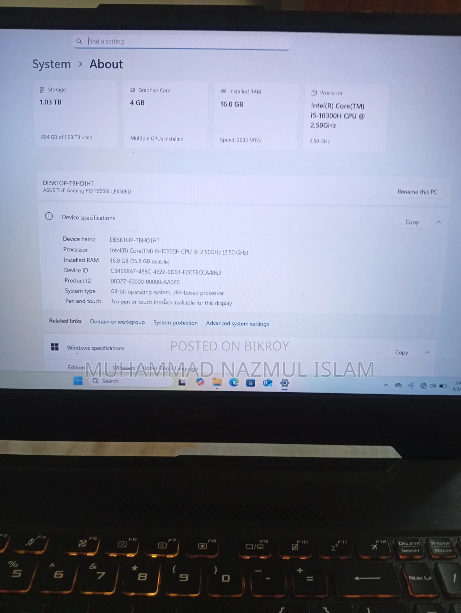 ল্যাপটপ ASUS TUF Gaming F15 16GB Intel Core I5 HDD+SSD 1T