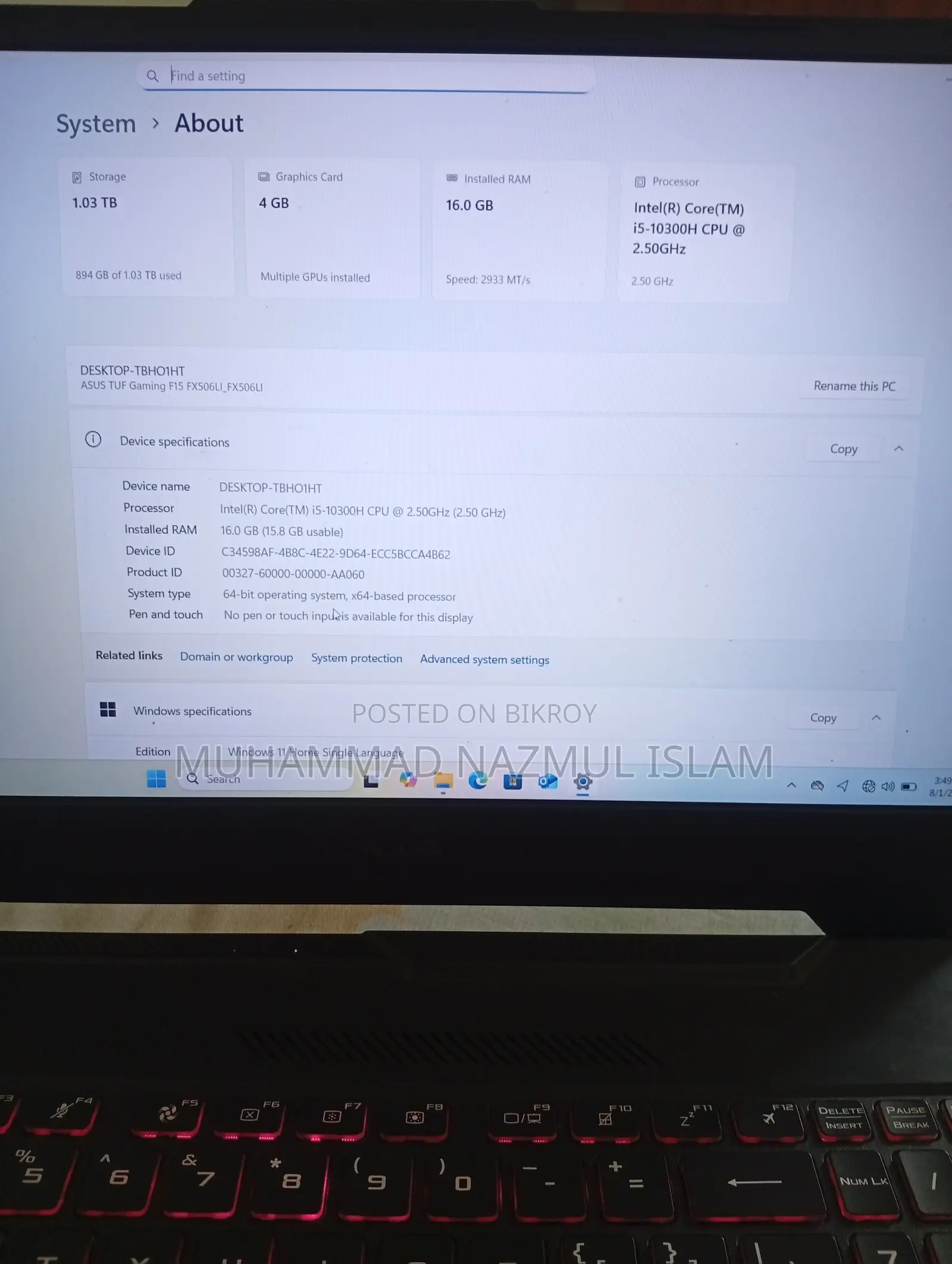 ল্যাপটপ ASUS TUF Gaming F15 16GB Intel Core I5 HDD+SSD 1T