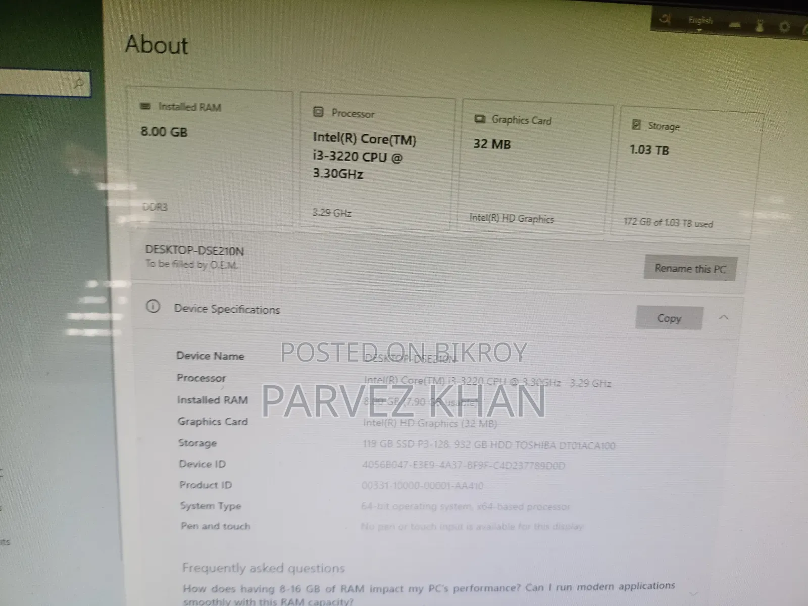 Desktop Computer 8GB Intel Core i3 SSD 128GB