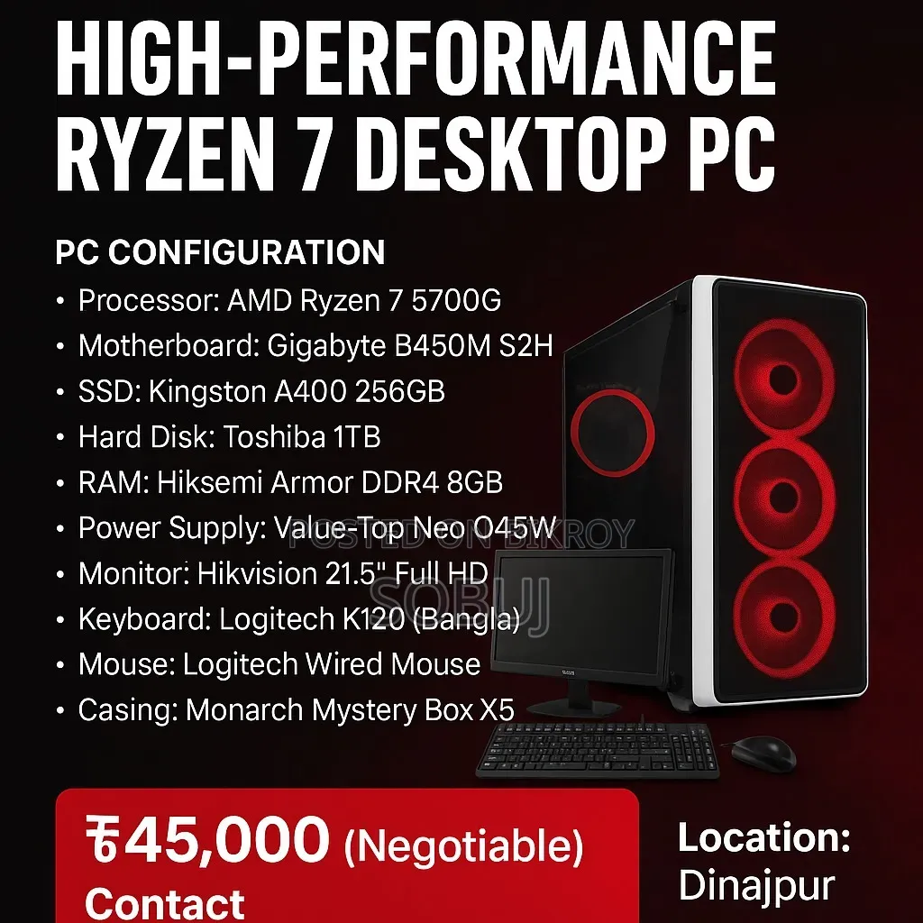Desktop Computer 8GB AMD Ryzen 7 HDD+SSD 500GB