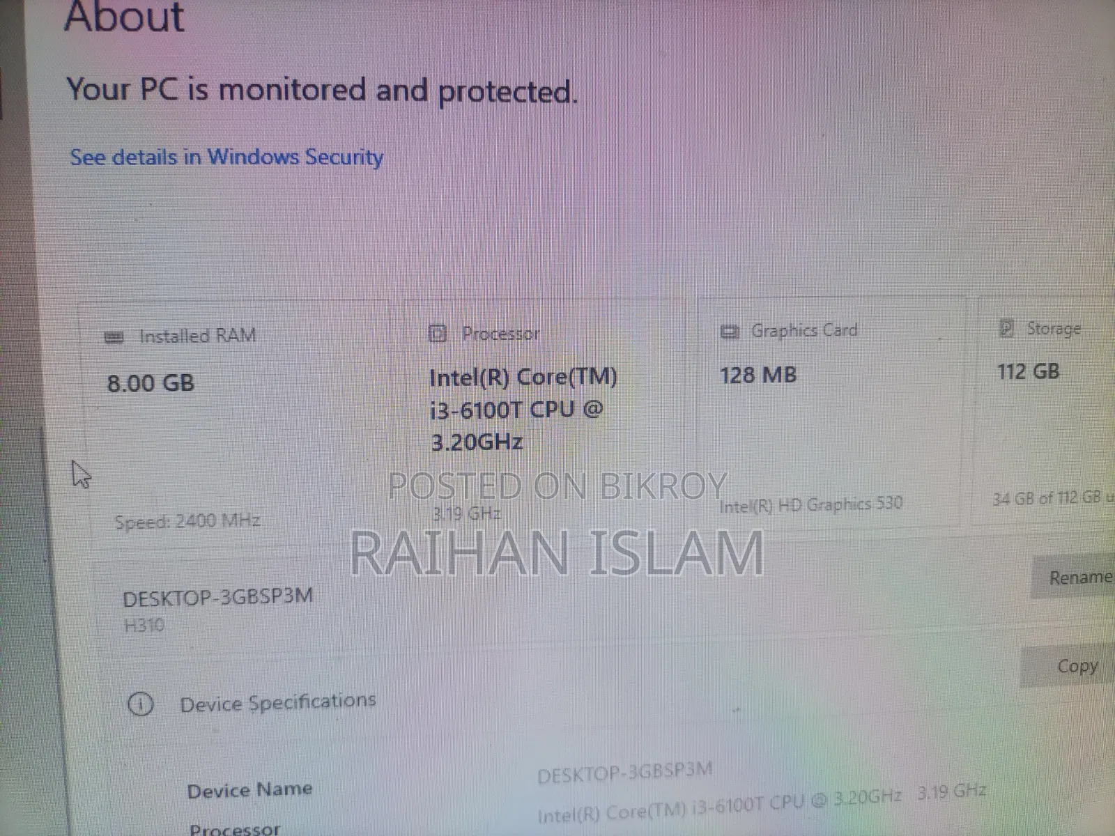 Desktop Computer 8GB Intel Core I3 SSD 128GB