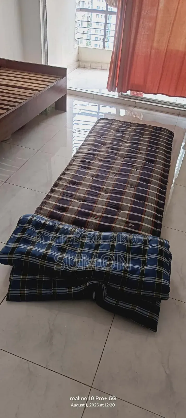 Single Segun Wood Bed With Cotton Mattress and Mattress Pad