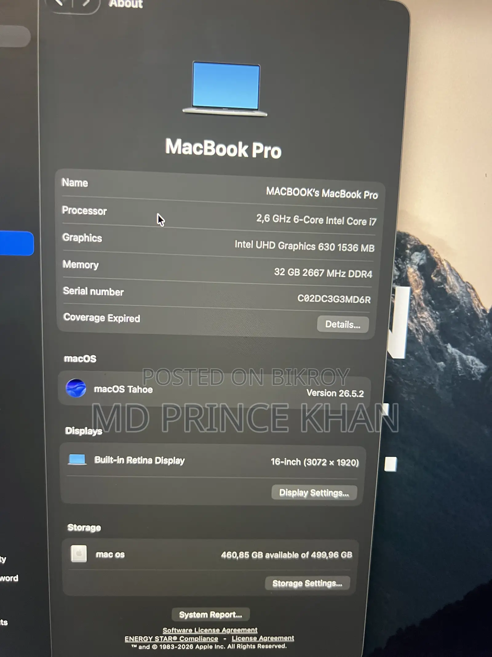 Laptop Apple MacBook 2019 32GB Intel Core I7 HDD+SSD 512GB