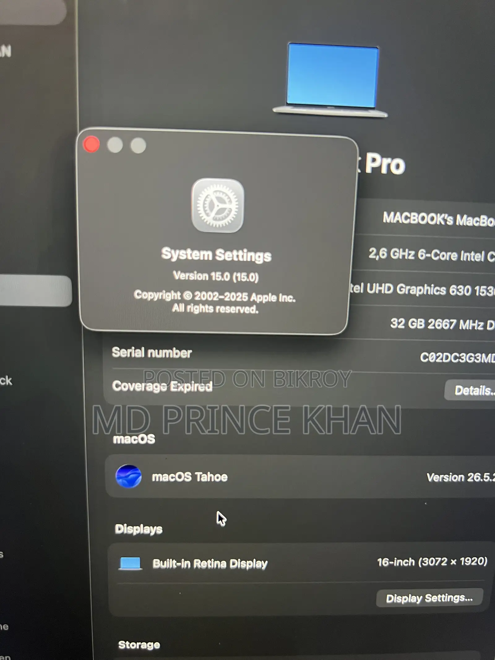 Laptop Apple MacBook 2019 32GB Intel Core I7 HDD+SSD 512GB