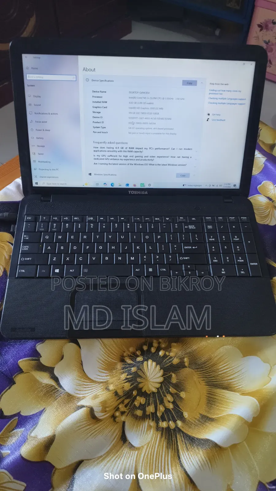 Laptop Toshiba Satellite C850 4GB Intel Core I3 SSD 256GB