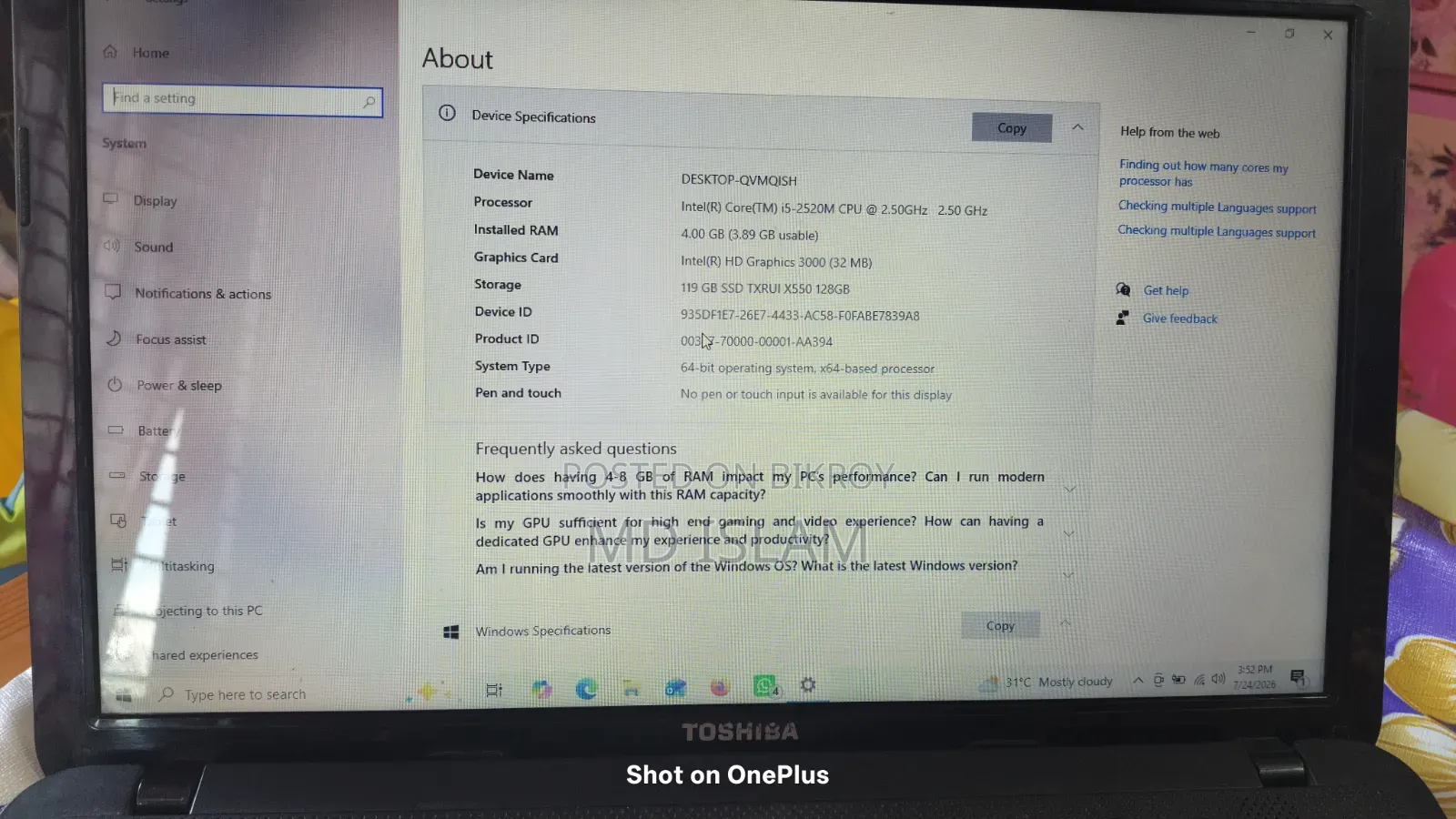 Laptop Toshiba Satellite C850 4GB Intel Core I3 SSD 256GB