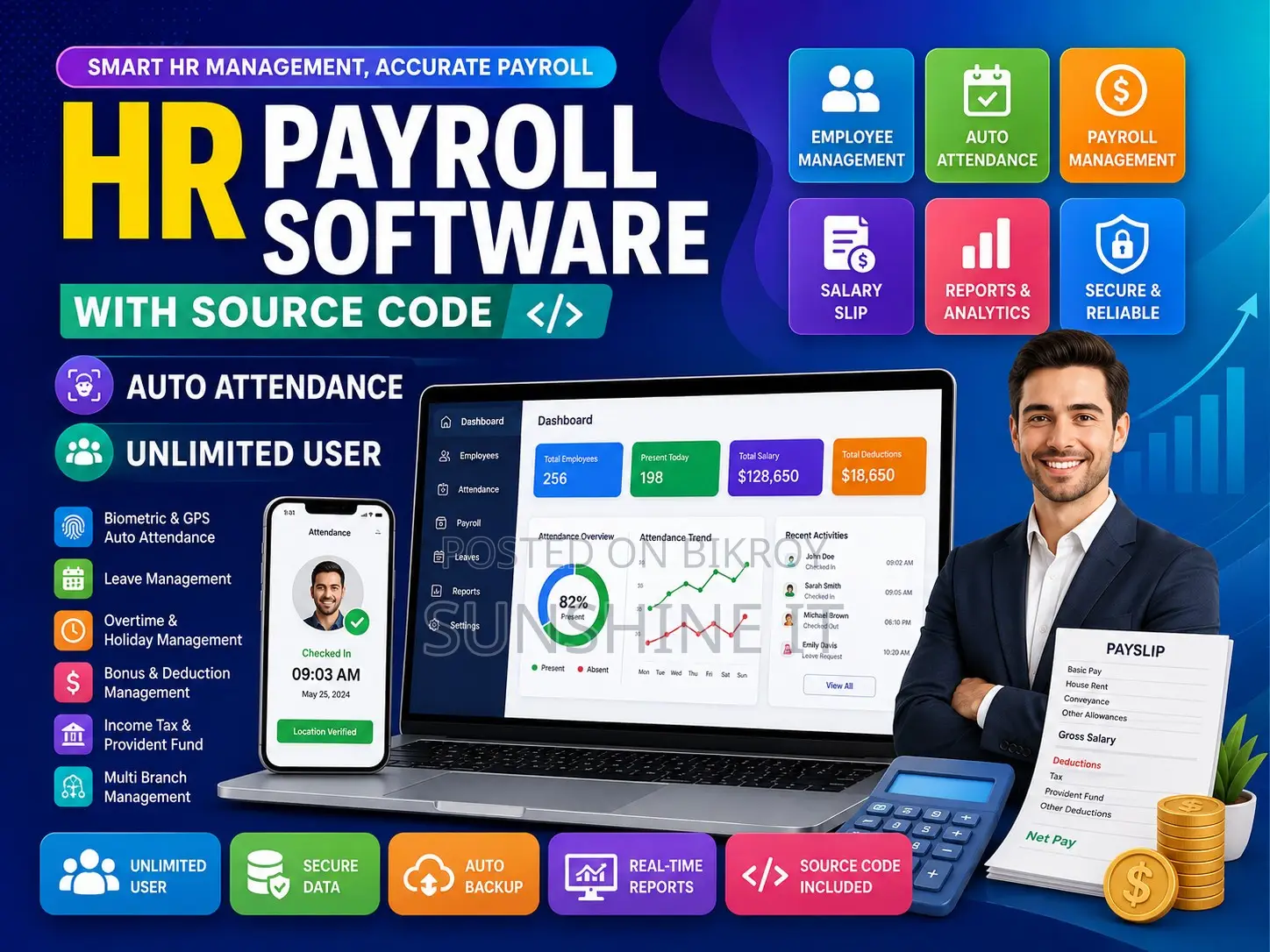 HR Payroll Software With Source Code Auto Attendance Unlimited User