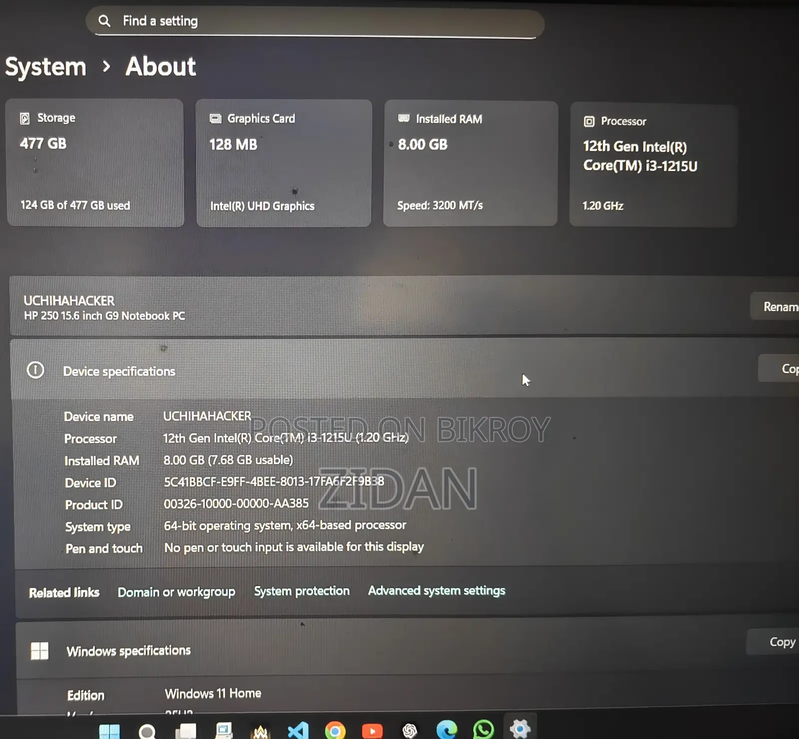 ল্যাপটপ HP 250 G10 8GB ইন্টেল কোর I3 এসএসডি 512GB