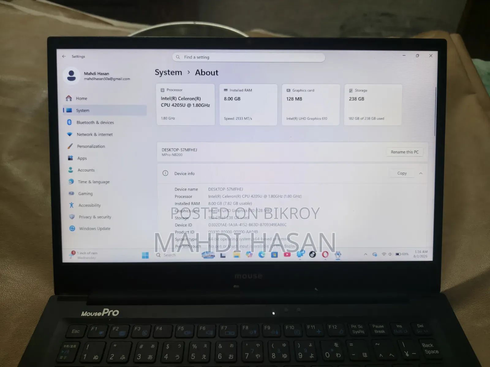 Laptop 8GB Intel Celeron SSD 256GB