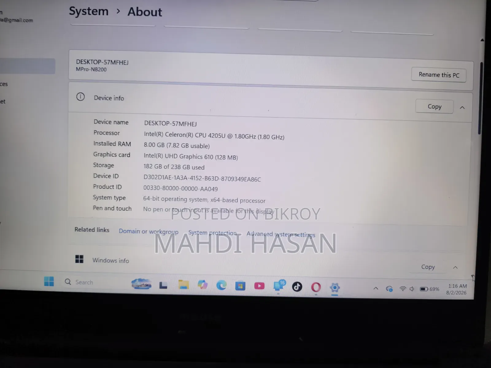 Laptop 8GB Intel Celeron SSD 256GB