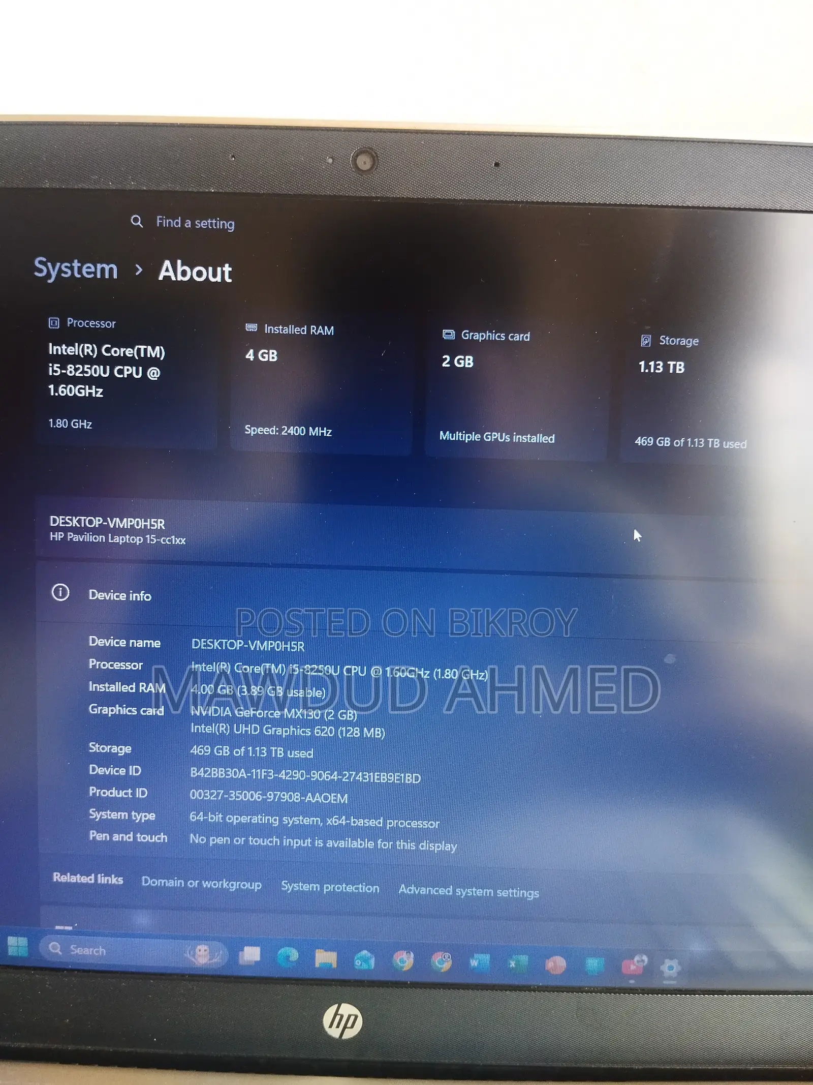 Laptop HP Pavilion 15-Cs3063cl 4GB Intel Core I5 HDD+SSD 1T