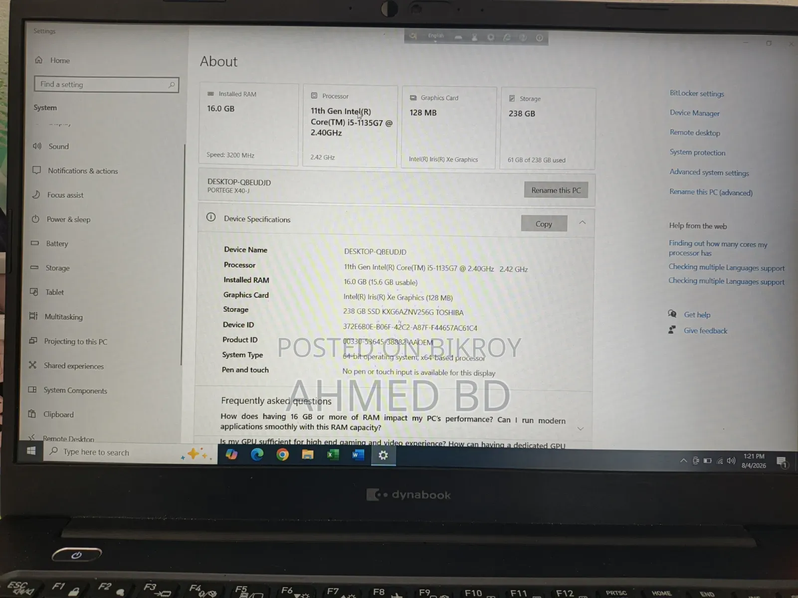 Laptop Toshiba Dynabook A40-J 16GB Intel Core i5 SSD 256GB