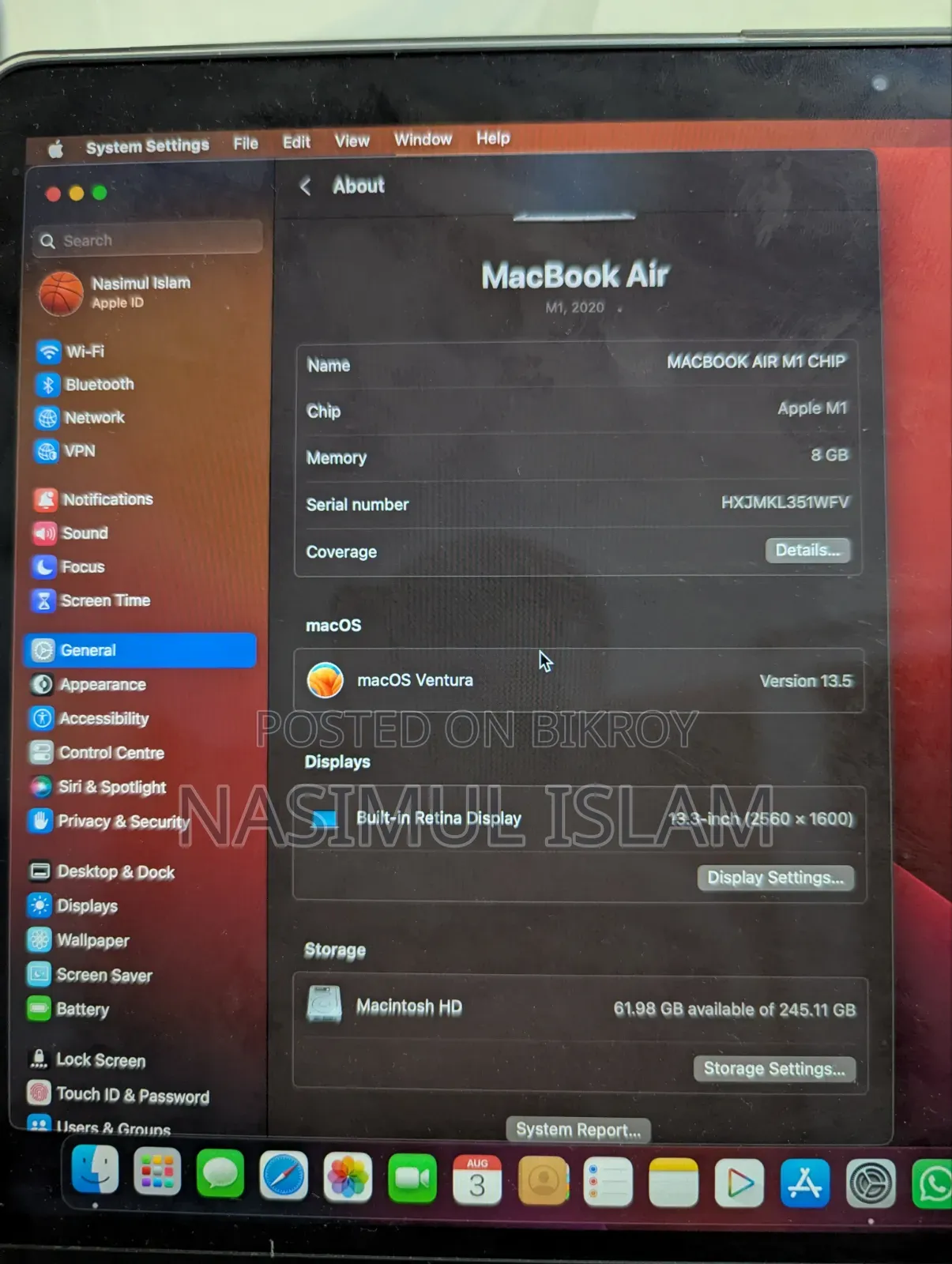 Laptop Apple MacBook Air 2020 M1 8GB Apple M1 HDD+SSD 256GB