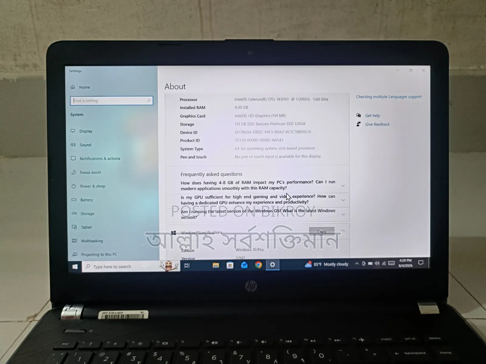 Laptop HP 4GB Intel Core i3 SSD 512GB