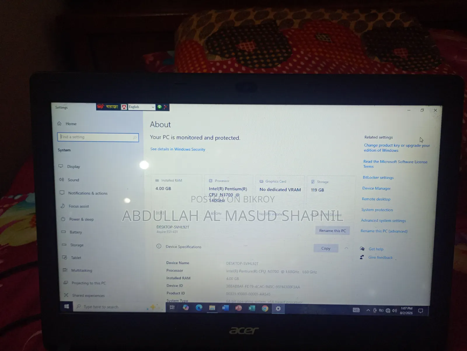 Laptop Acer Aspire ES1-431 4GB Intel Pentium SSD 128GB