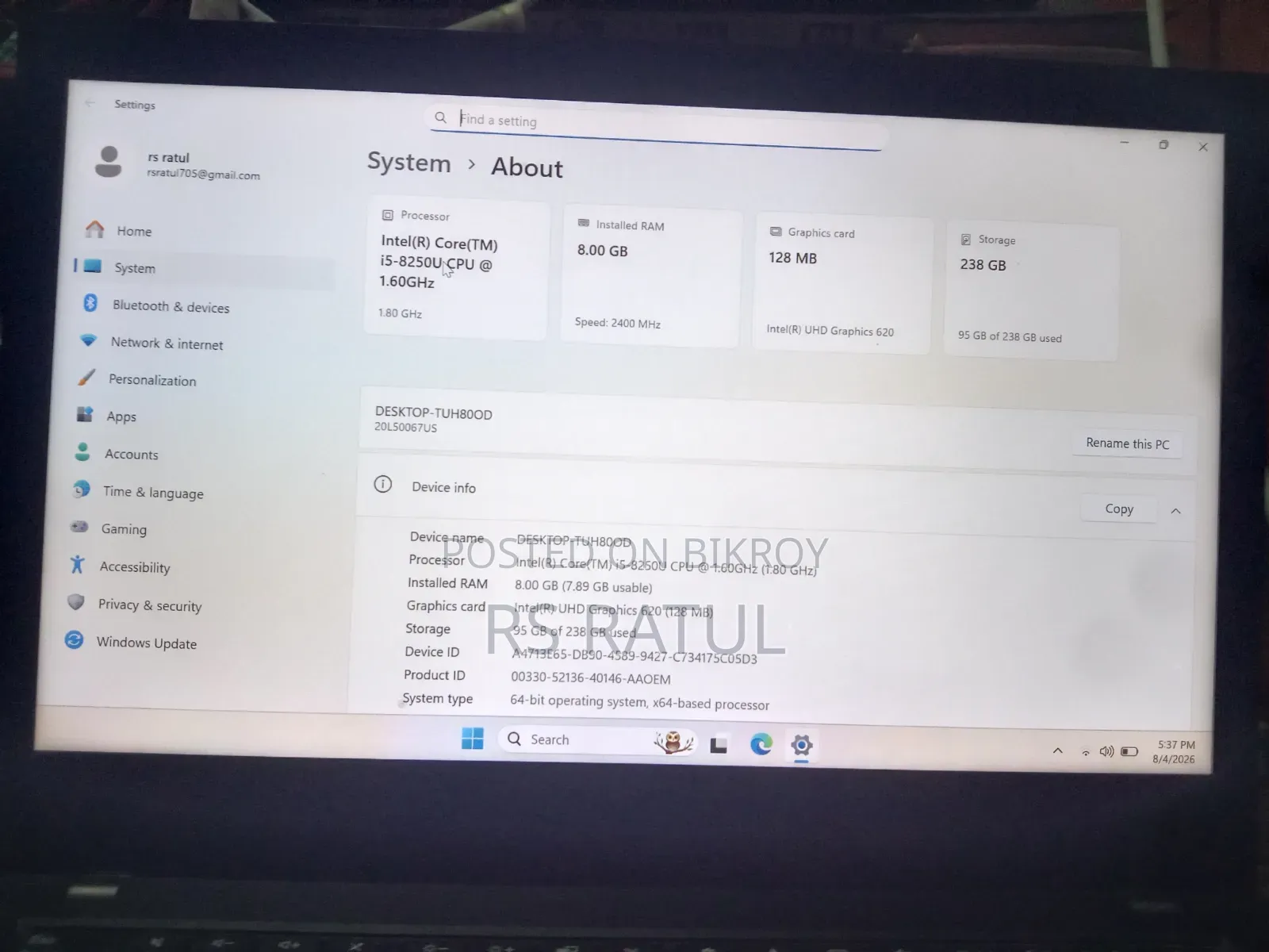 Laptop Lenovo ThinkPad T490s 8GB Intel Core I5 HDD+SSD 256GB