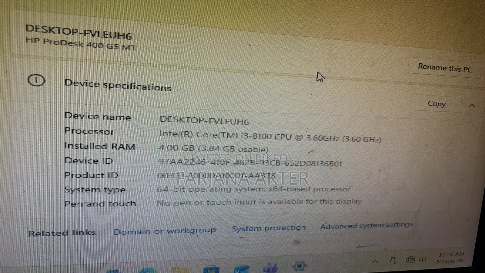 Desktop Computer HP ProDesk 400 G5 4GB Intel Core I3 HDD 128GB