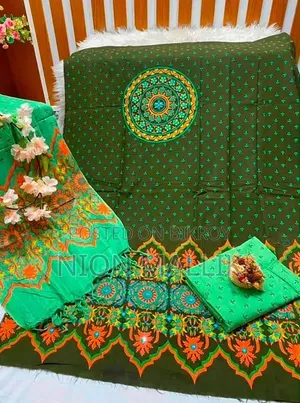Aarong Embroidered and Block Print Semi-Stitched Kameez Thread Work Three Piece