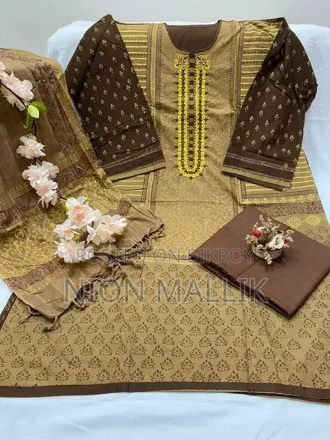 Aarong Embroidered and Block Print Semi-Stitched Kameez Thread Work Three Piece