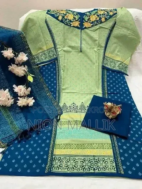 Aarong Embroidered and Block Print Semi-Stitched Kameez Thread Work Three Piece