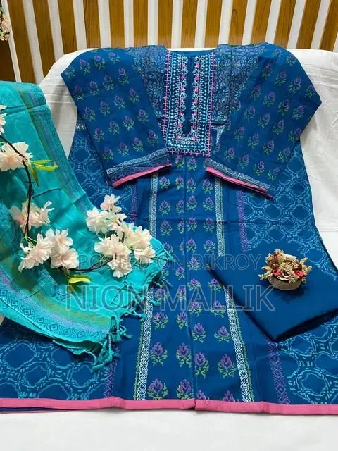 Aarong Embroidered and Block Print Semi-Stitched Kameez Thread Work Three Piece