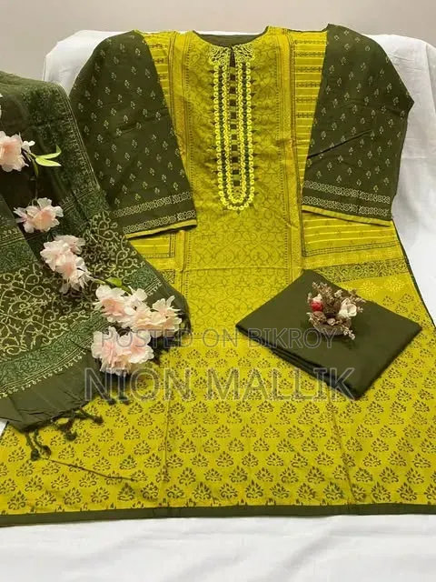 Aarong Embroidered and Block Print Semi-Stitched Kameez Thread Work Three Piece