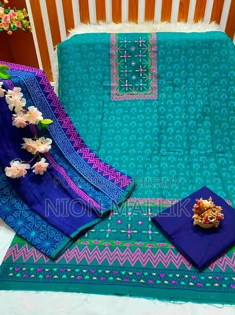 Aarong Embroidered and Block Print Semi-Stitched Kameez Thread Work Three Piece