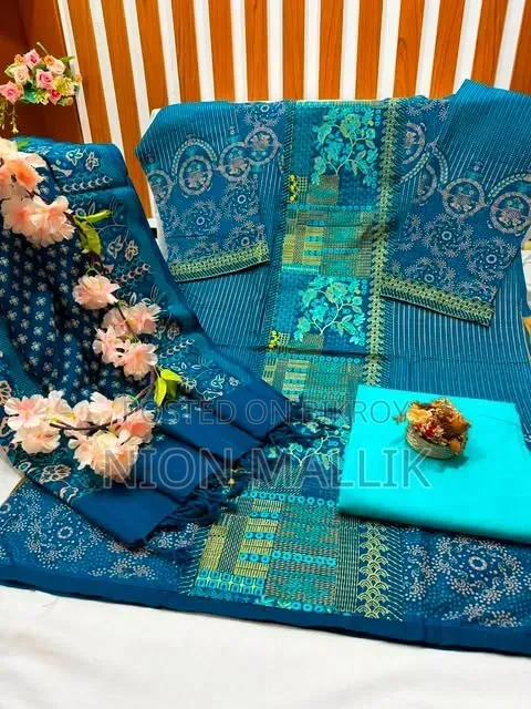 Aarong Embroidered and Block Print Semi-Stitched Kameez Thread Work Three Piece