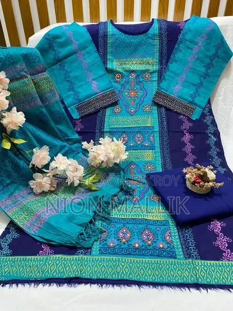 Aarong Embroidered and Block Print Semi-Stitched Kameez Thread Work Three Piece