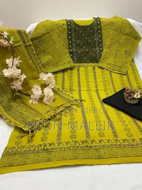 Aarong Embroidered and Block Print Semi-Stitched Kameez Thread Work Three Piece