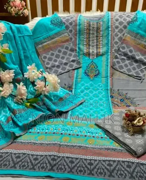 Aarong Embroidered and Block Print Semi-Stitched Kameez Thread Work Three Piece