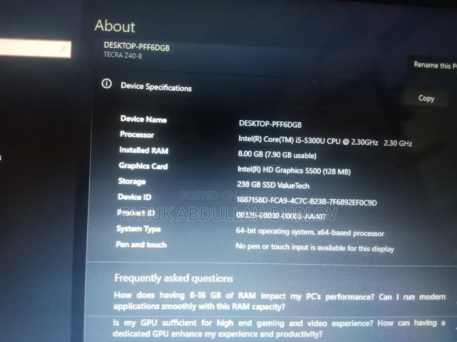 Laptop Toshiba Tecra Z40 8GB Intel Core I5 SSD 256GB