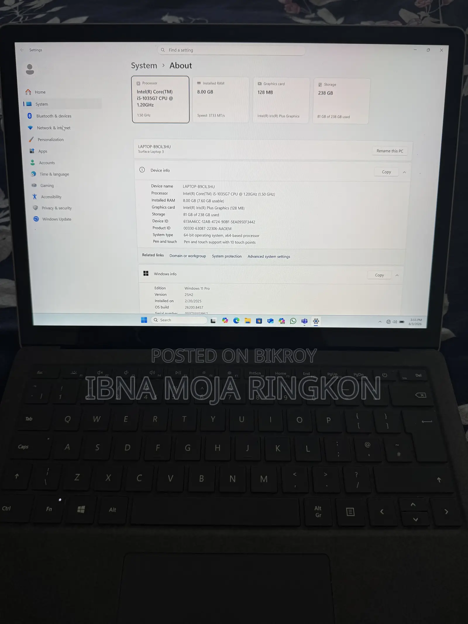 Laptop Microsoft Surface Laptop 3 8GB Intel Core i5 SSD 256GB