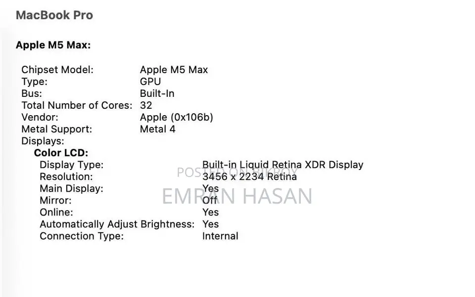 New Laptop Apple 36GB Apple M5 Max SSD 4T