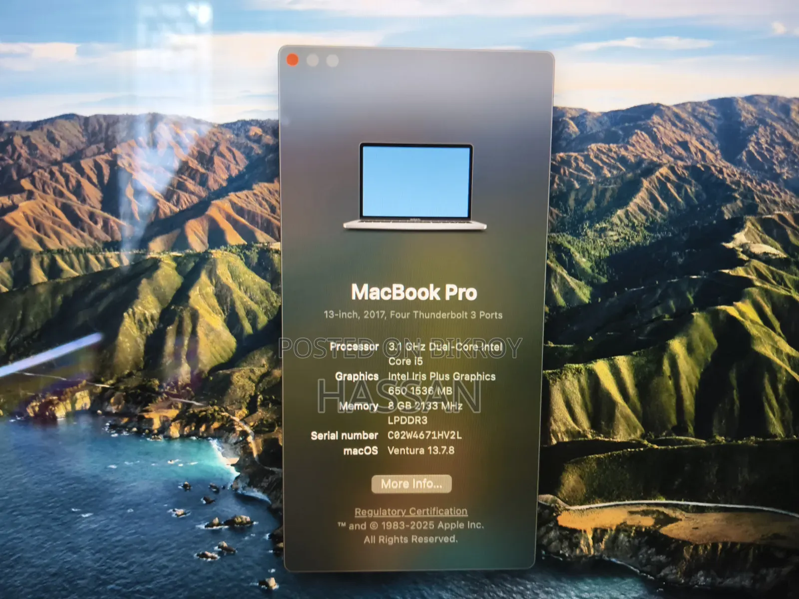 Laptop Apple MacBook Pro 2017 8GB Intel SSD 256GB