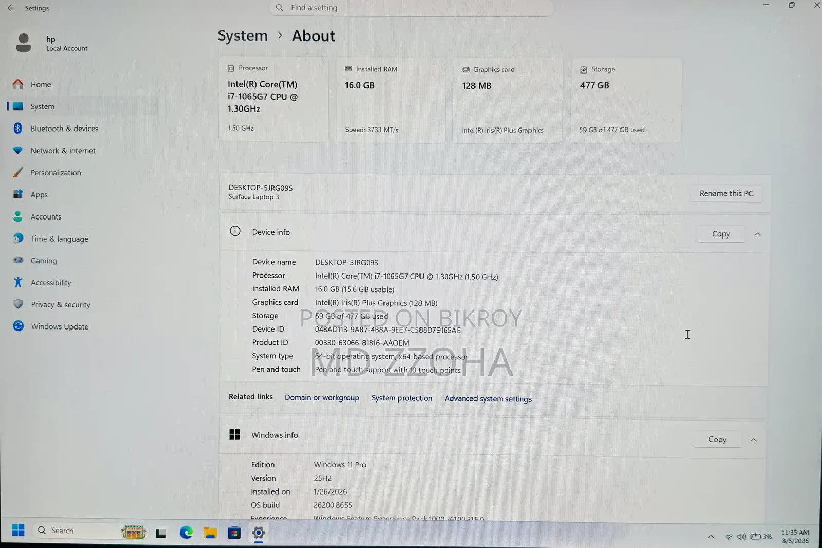 Laptop Microsoft Surface Laptop 3 16GB Intel Core I7 SSD 512GB