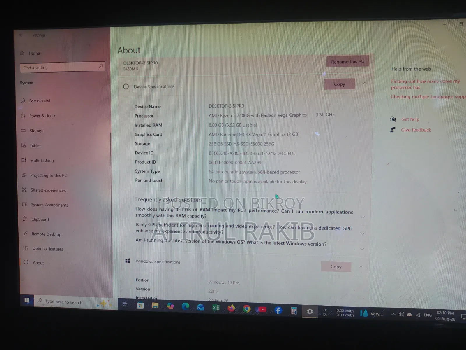 Desktop Computer Gigabyte 8GB AMD Ryzen SSD 256GB